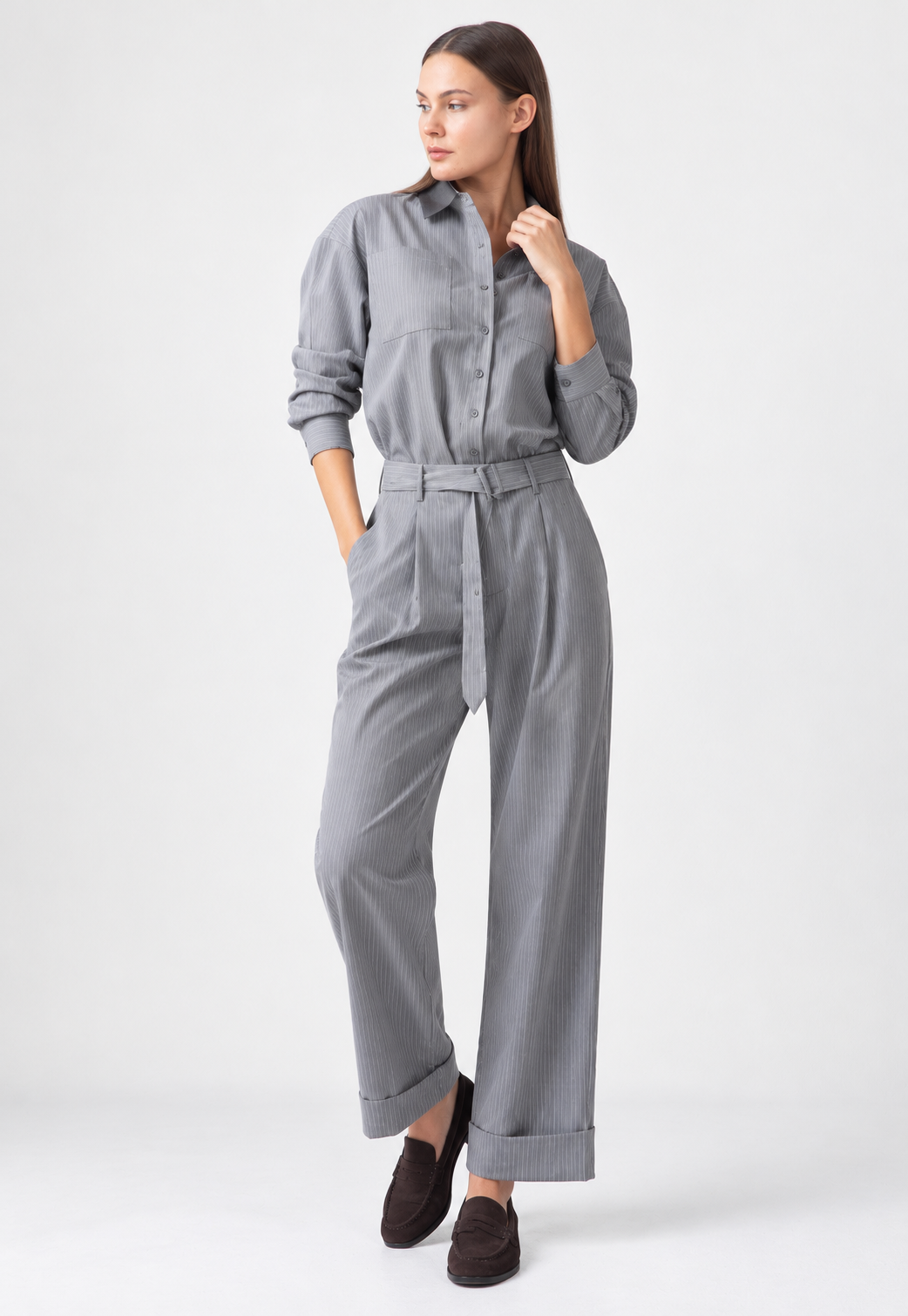 Pantalone dritto Gessato con Cintura Mark Up