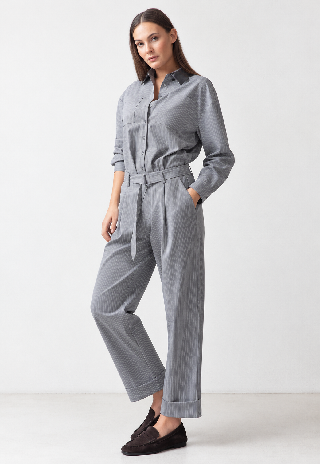 Pantalone dritto Gessato con Cintura Mark Up