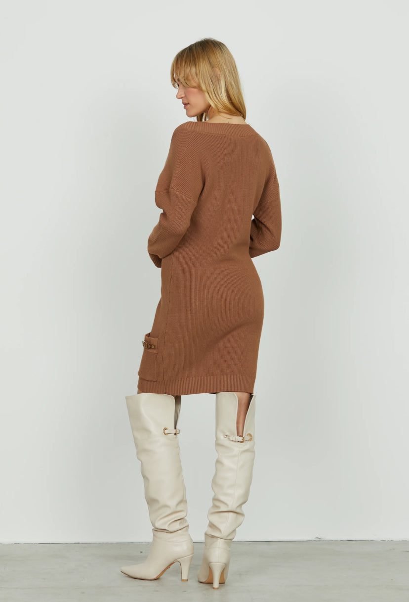 Abito ANAFI corto manica lunga scollo v con tasche più cinturini ecopelle Relish