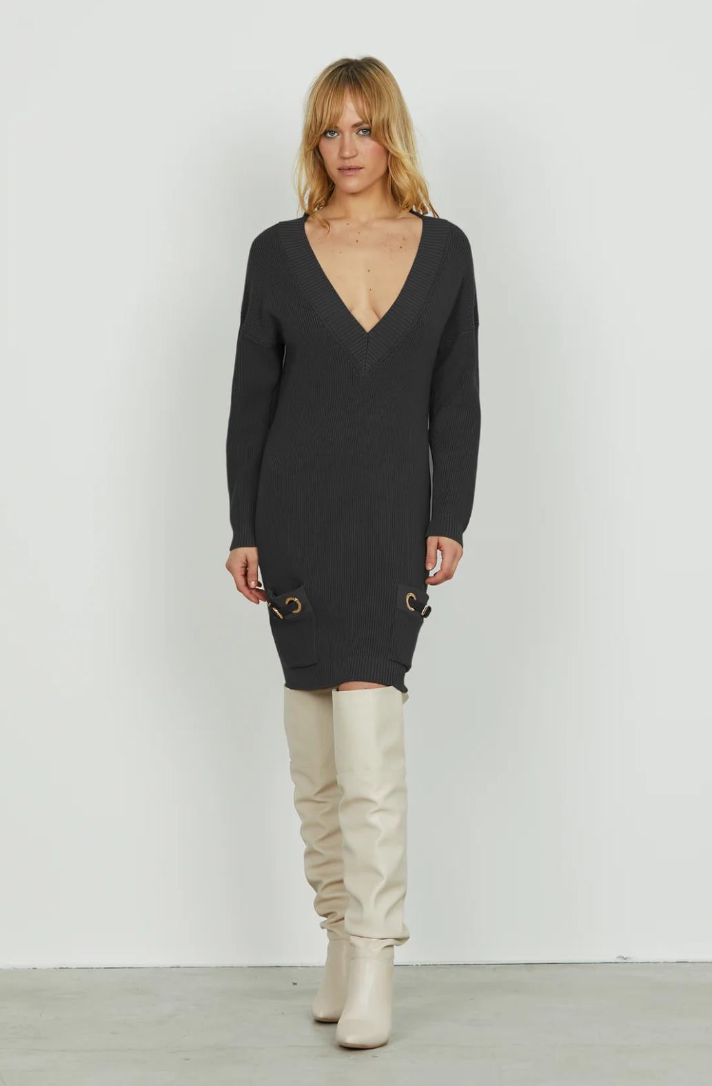 Abito ANAFI corto manica lunga scollo v con tasche più cinturini ecopelle Relish