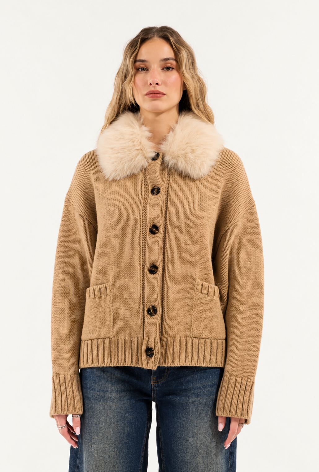 Bomber in Maglia con Collo in Ecopelliccia Kontatto