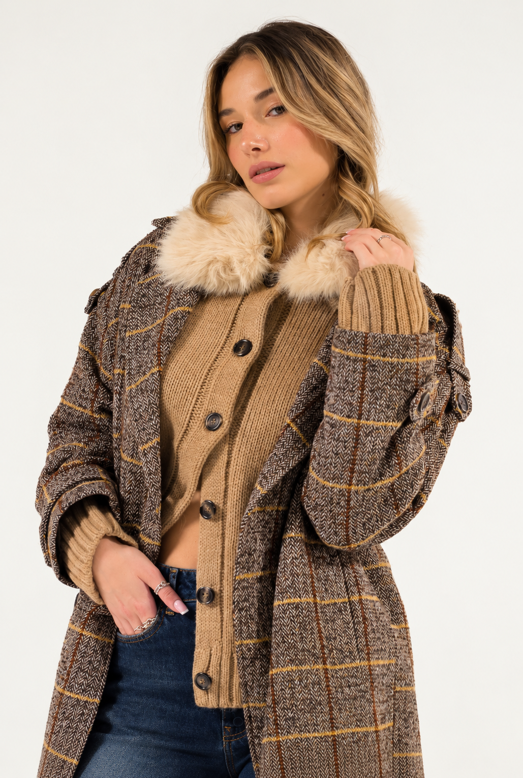Bomber in Maglia con Collo in Ecopelliccia Kontatto